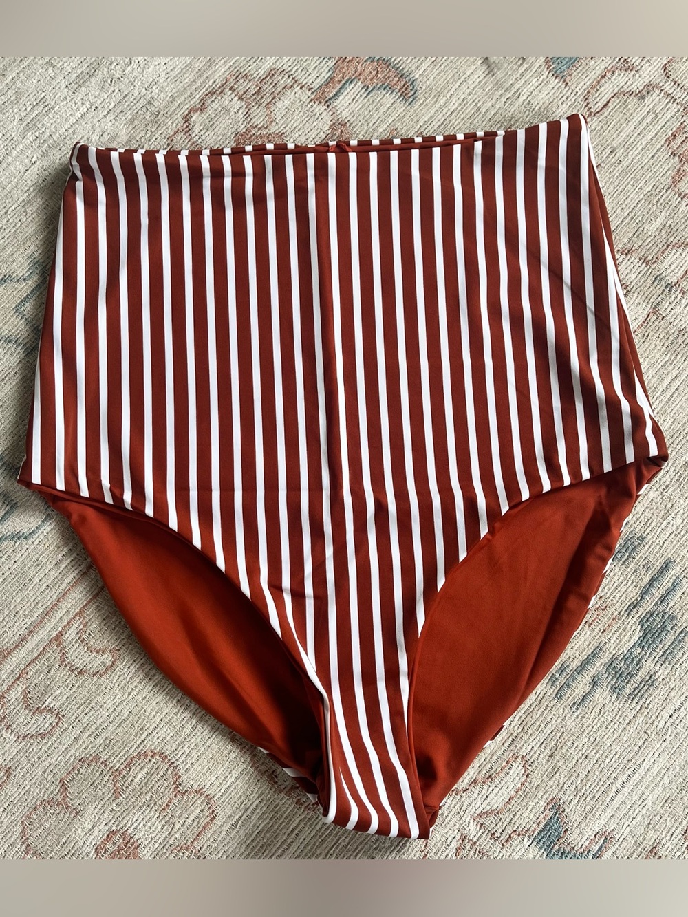 High-Waisted Reversible Striped Swim Bottoms - Rust & White
